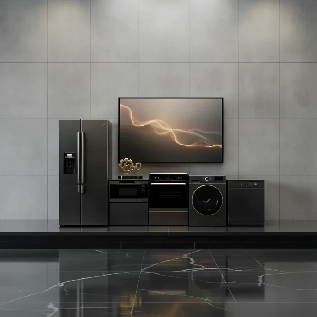 جمع تمام دستگاه های تحت پوشش تعمیر 60 در سالن و لوگو تعمیر60 - تلوزیون - مایکروفر - فر برقی - لباسشویی - ظرفشویی - یخچال - لوگو